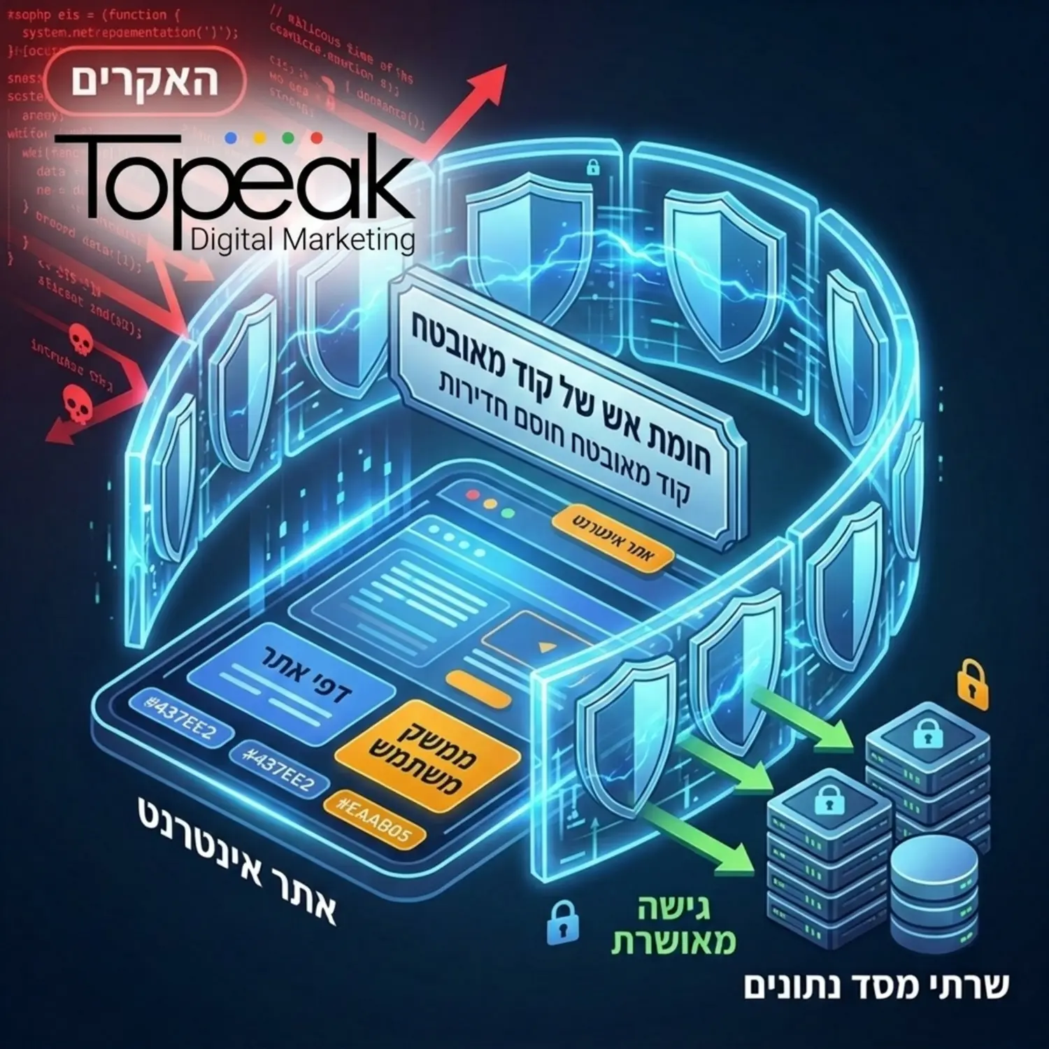 המחשה ויזואלית של חומת אש סביב אתר אינטרנט המראה כיצד קוד מאובטח חוסם חדירות של האקרים ומגן על שרתי מסד הנתונים